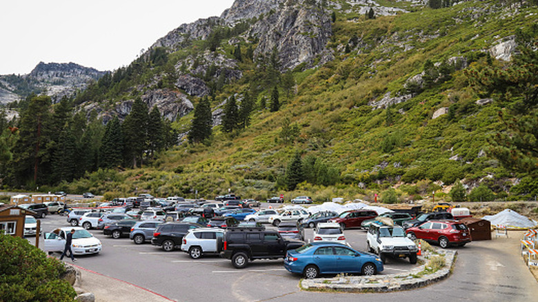 View of full parking lot at Emerald Bay and Vikingsholm at Lake Tahoe