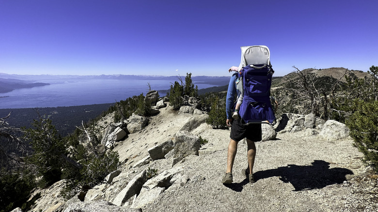 Back view of a man backpacking with a child above Lake Tahoe