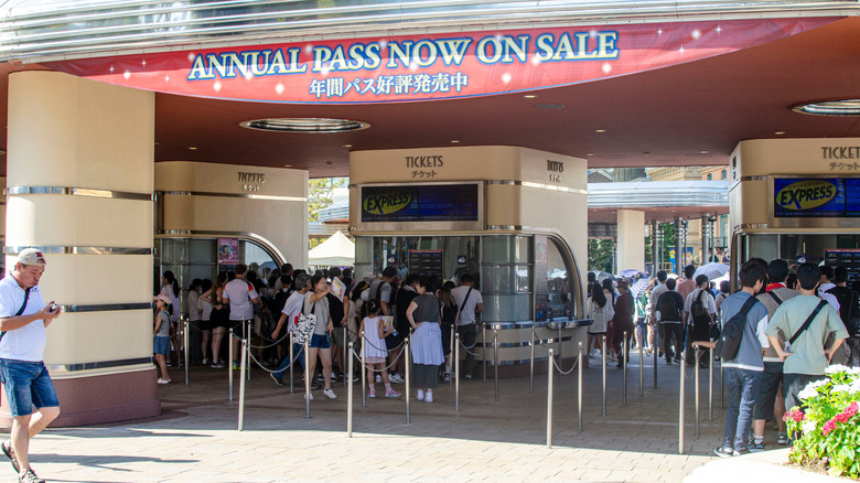 Visitors line up at the ticket booths of Universal Studios Japan