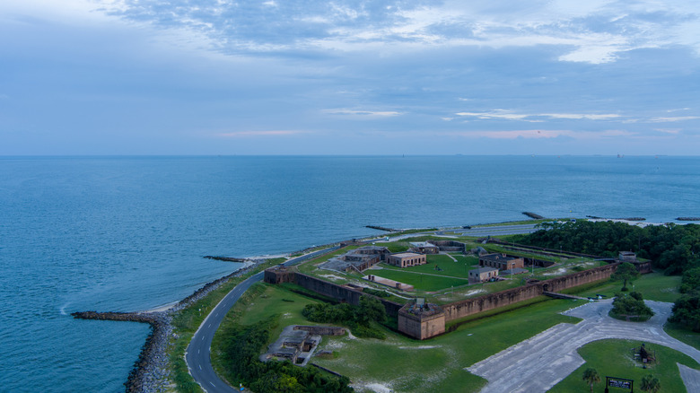 Aerial view of Fort Gaines on Dauphin Island, Alabama, at sunset