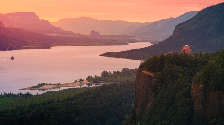 Sunset over the Columbia River Gorge from Vista House at Crown Point.