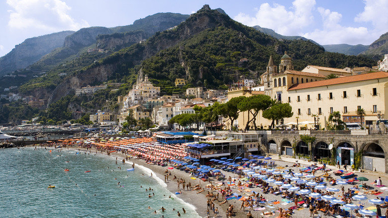Crowded beach on the Amalfi Coast