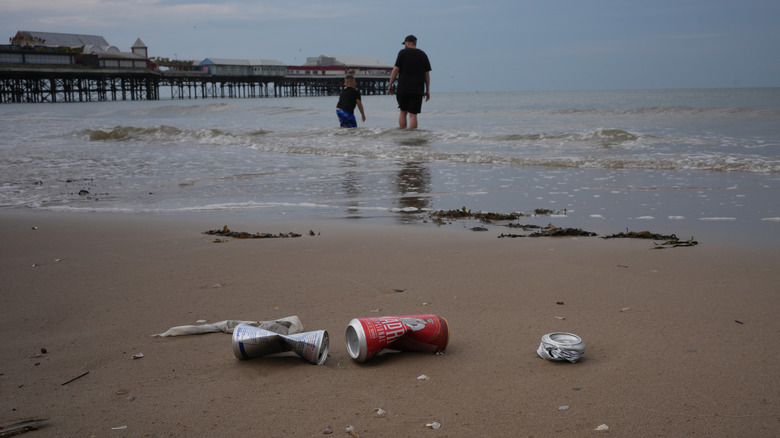 Litter on the beach in Blackpool, England