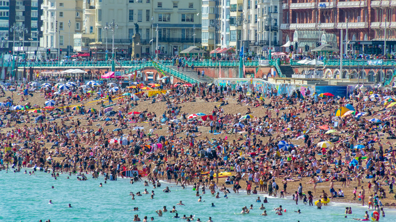 busy beach in Brighton, England
