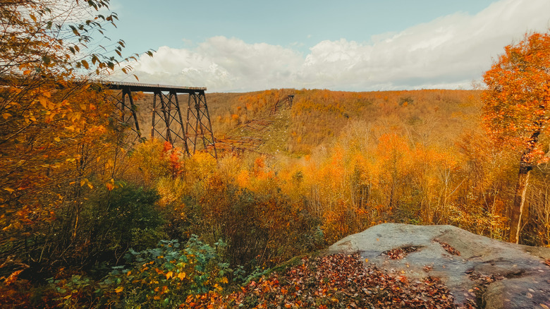 Kinzua Bridge Skywalk, a tall black structure on the left side of the frame, overlooking a gorge and hill with yellow-leafed trees, with a large rock in the foreground, under a cloudy blue sky