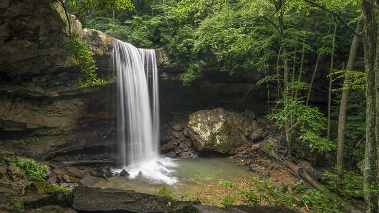Cucumber Falls, a tall waterfall flowing over a stone cliff into a small pool, with a large boulder to its right and surrounded by trees