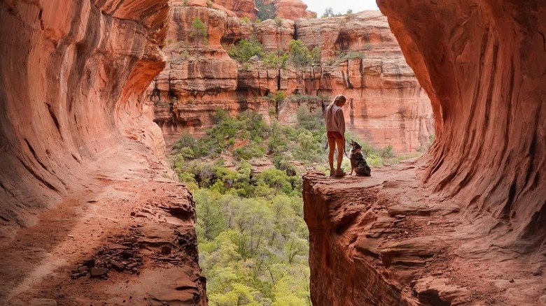 Long shot of a blonde woman looking at and her dog, standing on the edge of a red rock desert cliff