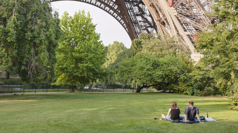 A couple sitting on a lawn below the Eiffel Tower
