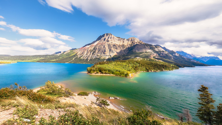 Waterton Lake with nearby mountains