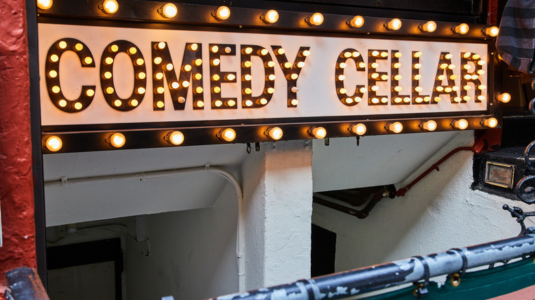 Sign for the Comedy Cellar near Washington Square Park in NYC