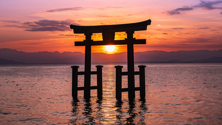Shirahige Shrine at sunrise in Lake Biwa, Japan