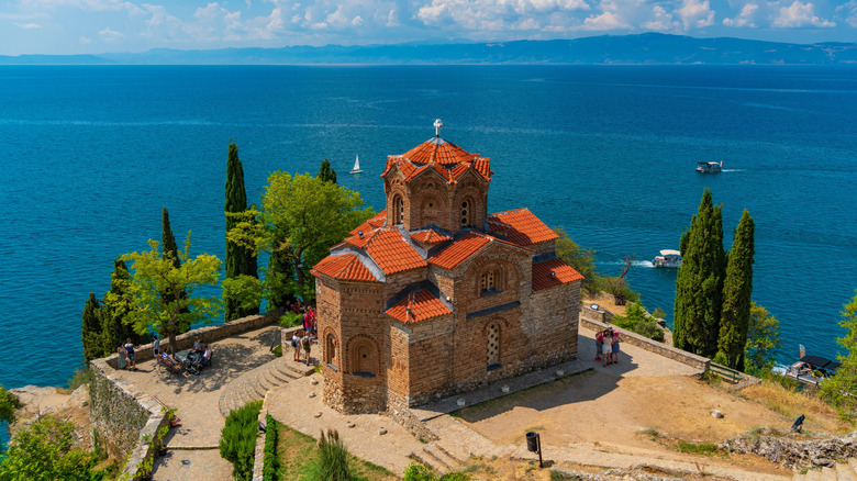 Picturesque church on a bluff overlooking Lake Ohrid, North Macedonia