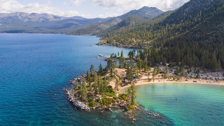 Aerial view of turquoise waters and Sand Harbor Beach, Lake Tahoe