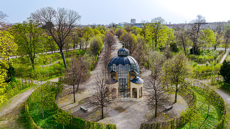 Aerial view of the Emperor's Pavilion at the Tiergarten Schönbrunn zoo in Vienna with zoo grounds surrounding it