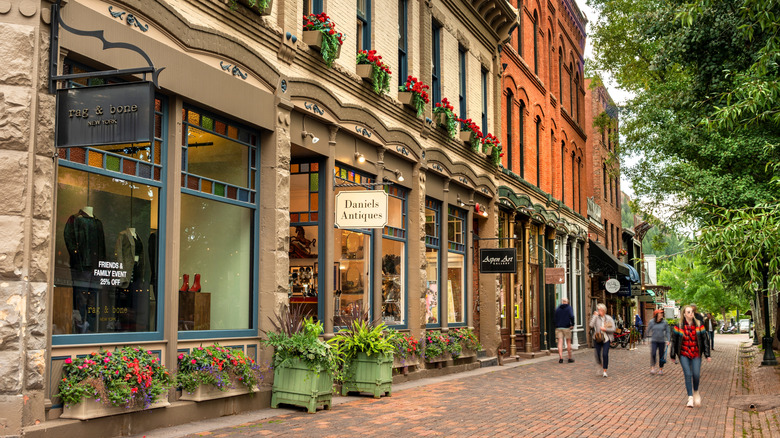 View of Aspen, Colorado resort town with upscale retail stores and restaurants downtown