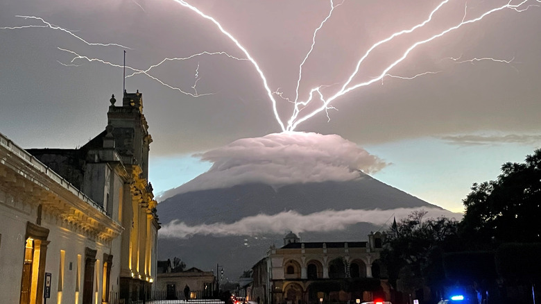 An Electrical storm over the Volcan de Agua in Antigua, Guatemala