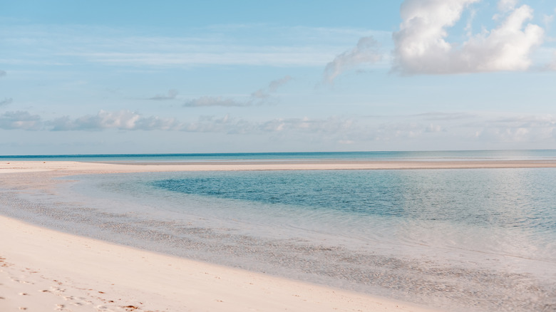 pink sandy beach with shallow blue water lapping at the shore; a sandbar extends out into the water from the shoreline