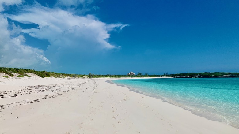 sandy white beach with dunes to the left covered in low-lying green foliage and crystal clear bright blue waters to the right; there is a small shack in the distance towards the end of the beach