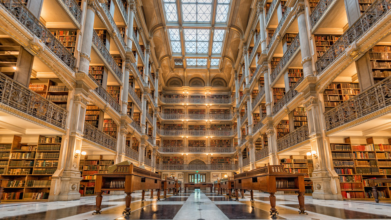 Floors of bookshelves with a huge skylight at the George Peabody Library in Baltimore.