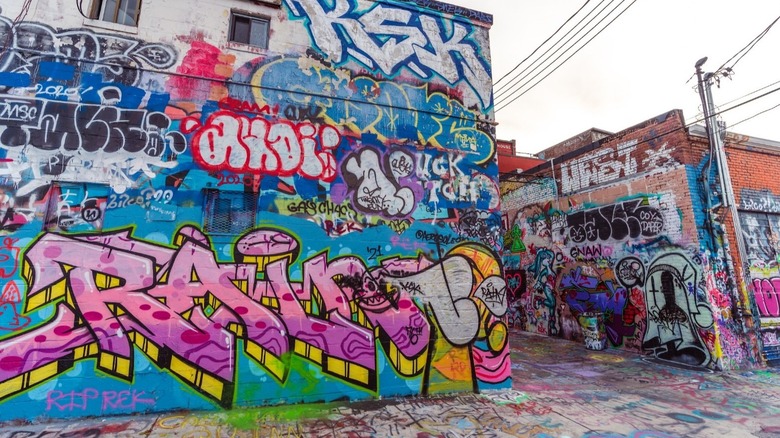 Two buildings covered in colorful graffiti art at Baltimore's Graffiti Alley.