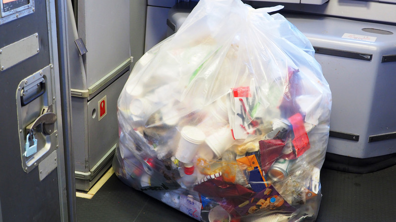 Big trash bag from the airplane in the galley