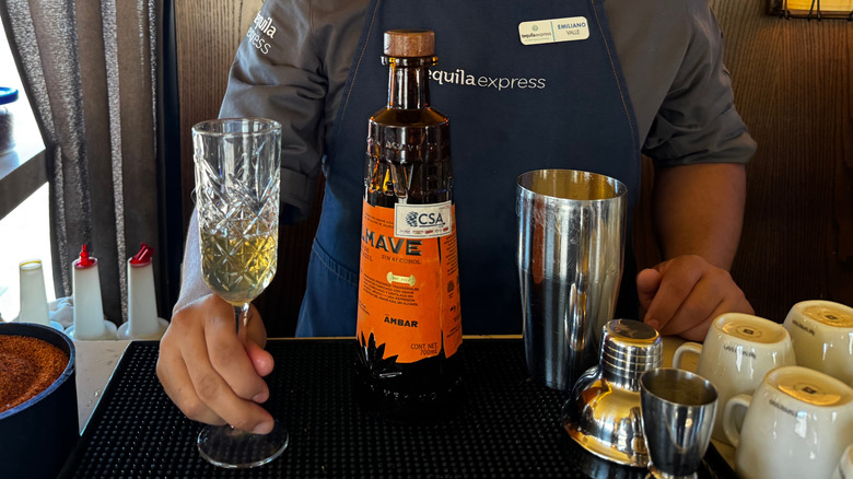 Barman serving cocktail drink in bar carriage of Tequila Express train, running between Guadalajara and Tequila, Jalisco, Mexico.