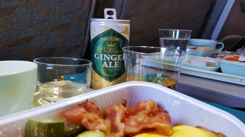 Close-up of an inflight mean replete with can of ginger ale