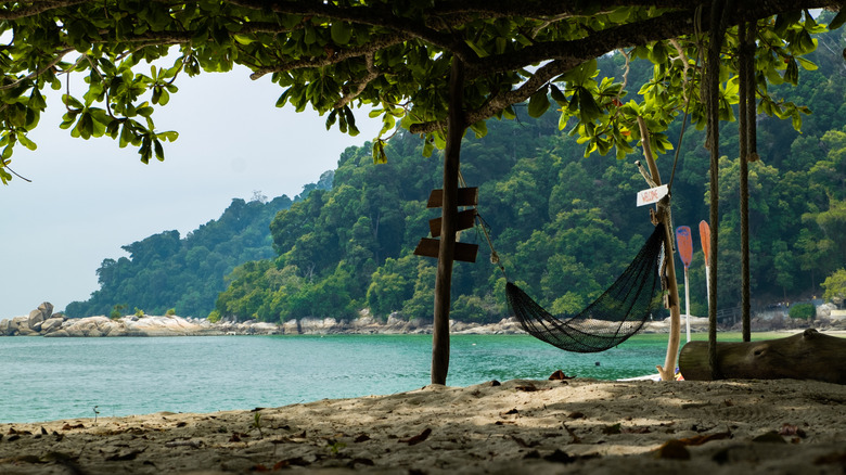 Hammock on beach on Pangkor Island in Malaysia