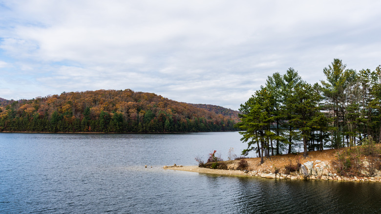 Autumn foliage surrounds Long Pine Run Reservoir in Michaux State Forest