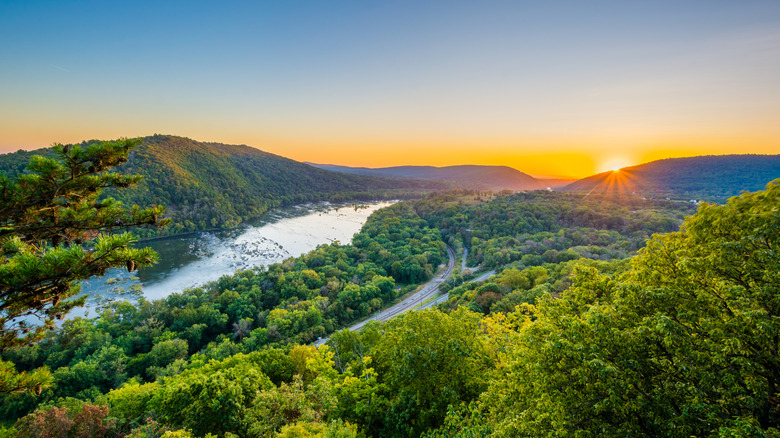 The Potomac and its surrounding forests as seen from Weverton Cliffs during sunset