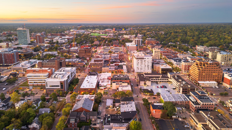 An aerial view of Ann Arbor, Michigan, at dusk