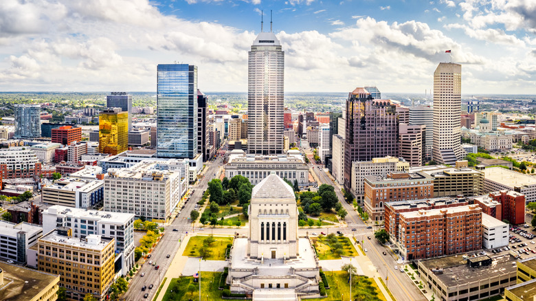 Aerial view of Indianapolis, Indiana, skyline above the Indiana World War Memorial and University Park