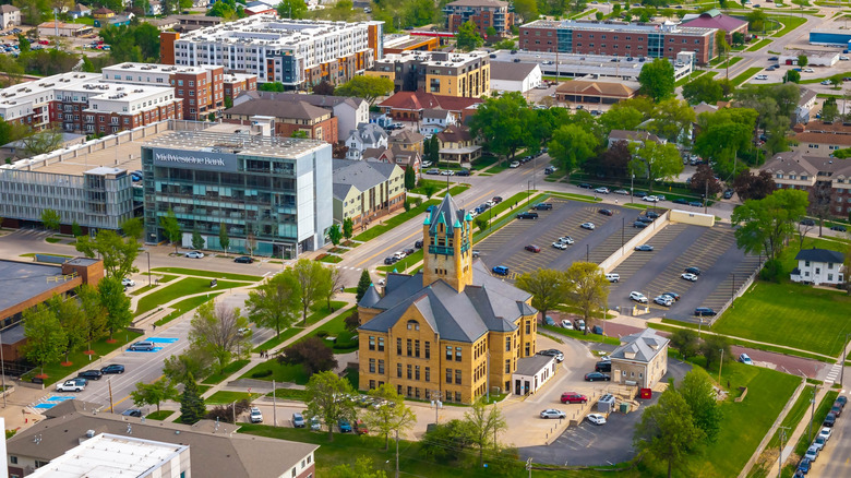Aerial view of the historic Johnson County Courthouse in Iowa City, Iowa