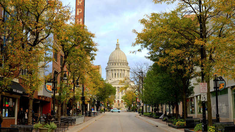 An autumn view of the Wisconsin State Capitol building from State Street in Madison, Wisconsin