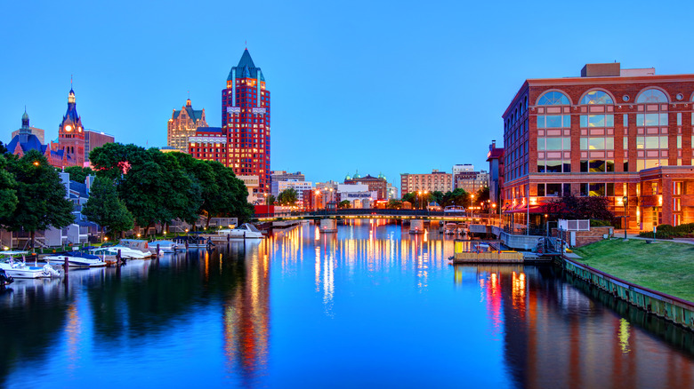 The downtown RiverWalk in Milwaukee, Wisconsin