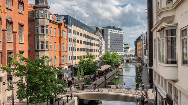 Long shot of the Aarhus river running through the city center, Denmark