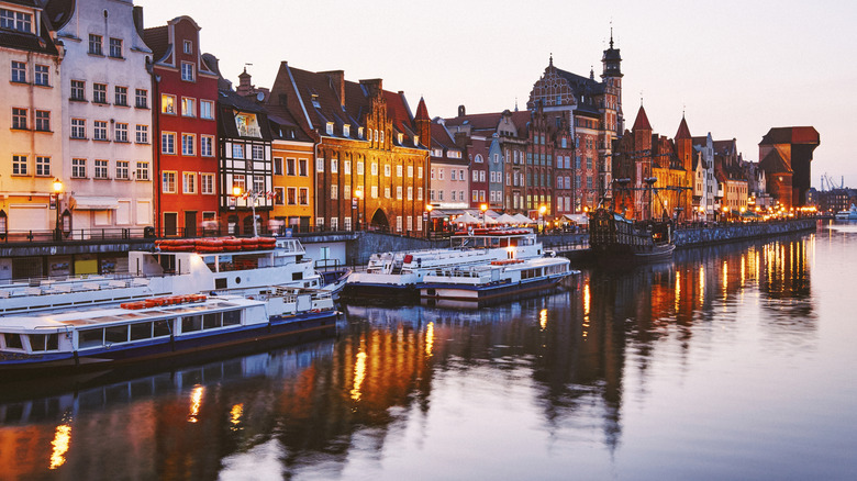 High angle view of Gdansk town the shore of the river Motlawa