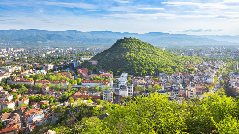 Aerial panoramic view of Plovdiv, the second largest city of Bulgaria.