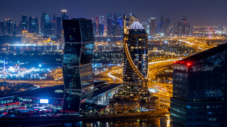 Panoramic view of Doha, Qatar, skyline at night