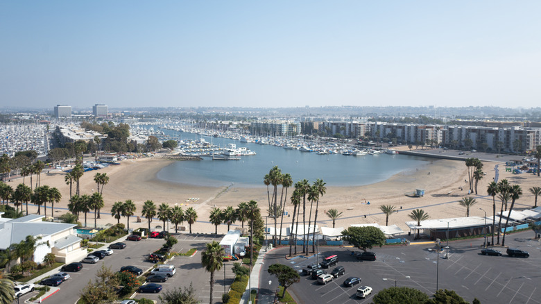 Aerial view of the crescent-shaped Mothers Beach at Marina Del Rey, California