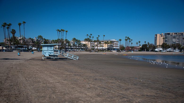 A shack on an empty Mothers Beach in Marina del Rey, California