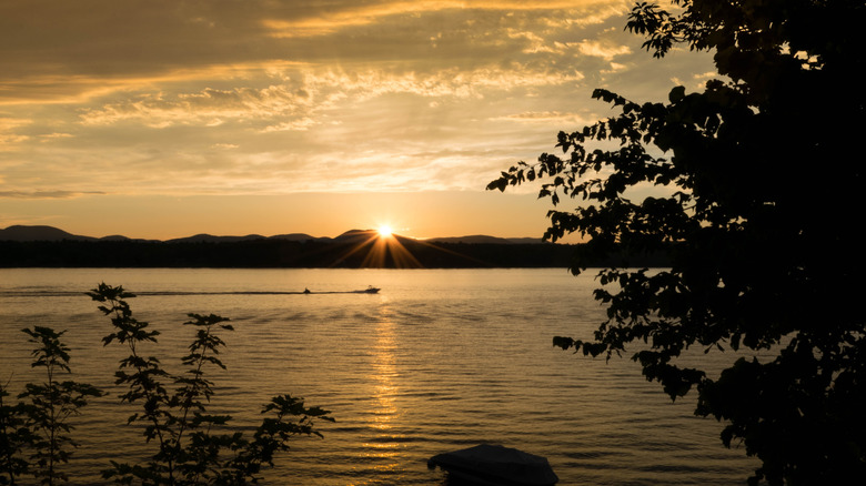 Boating on the Great Sacandaga Lake at sunset