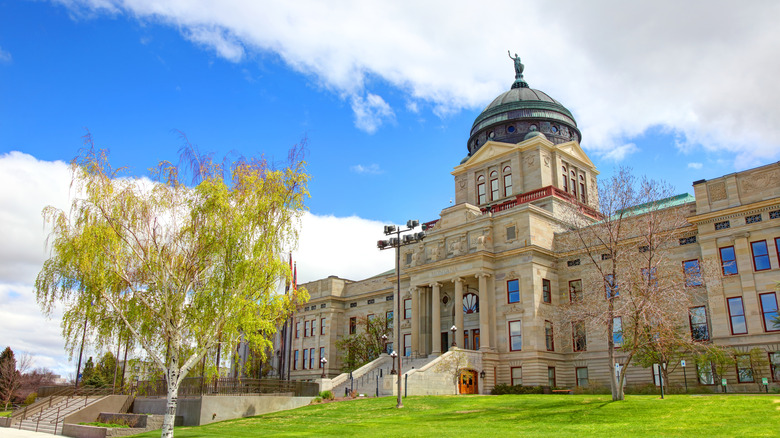 The Montana State Capital building against a cloudy sky in Helena, Montana