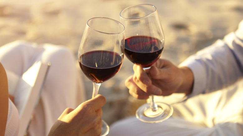 Two people outdoors touching glasses of red wine