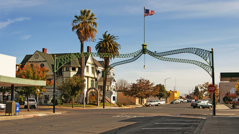 Historic arch, palms, and buildings in Marysville, California.