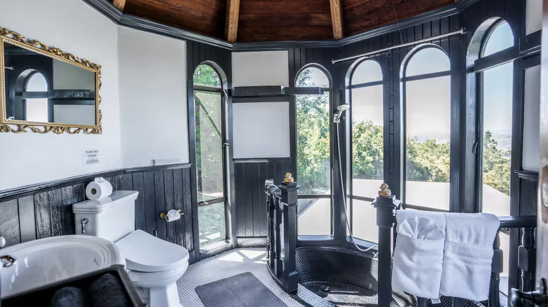 Interior of a bathroom with large windows in a Marin County, California home