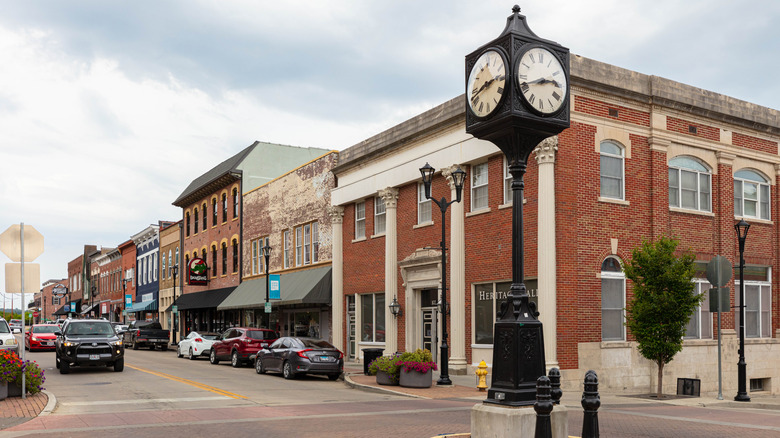 Historic buildings and clock tower in downtown Cape Girardeau, Missouri