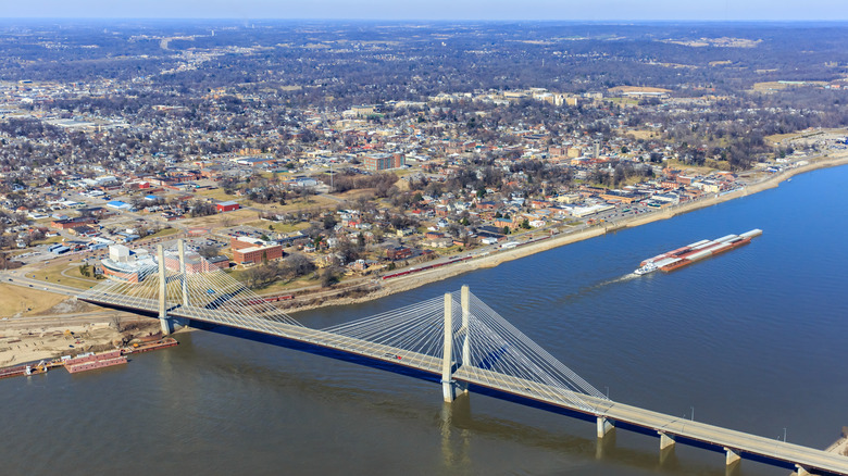 A bridge crossing the Mississippi River, leading into Cape Girardeau, Missouri