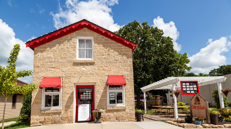 An old-fashioned building with signs reading Dairyhaus