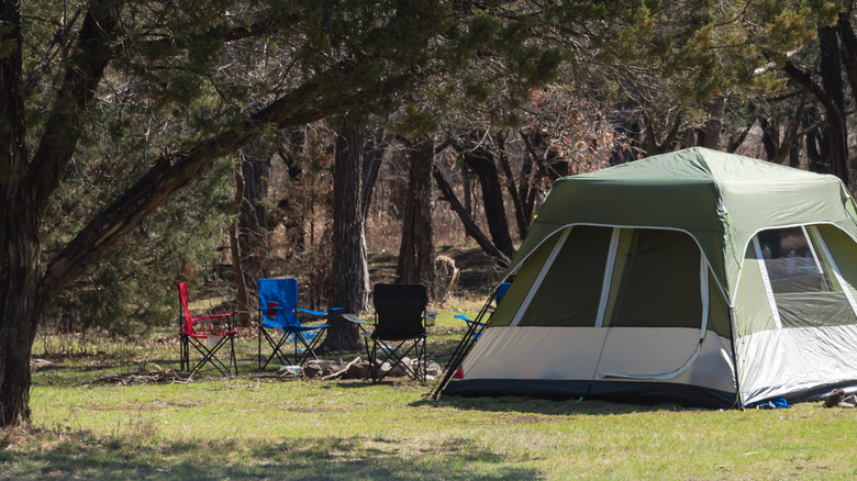 Camping chairs circled around fire ring with tent nearby